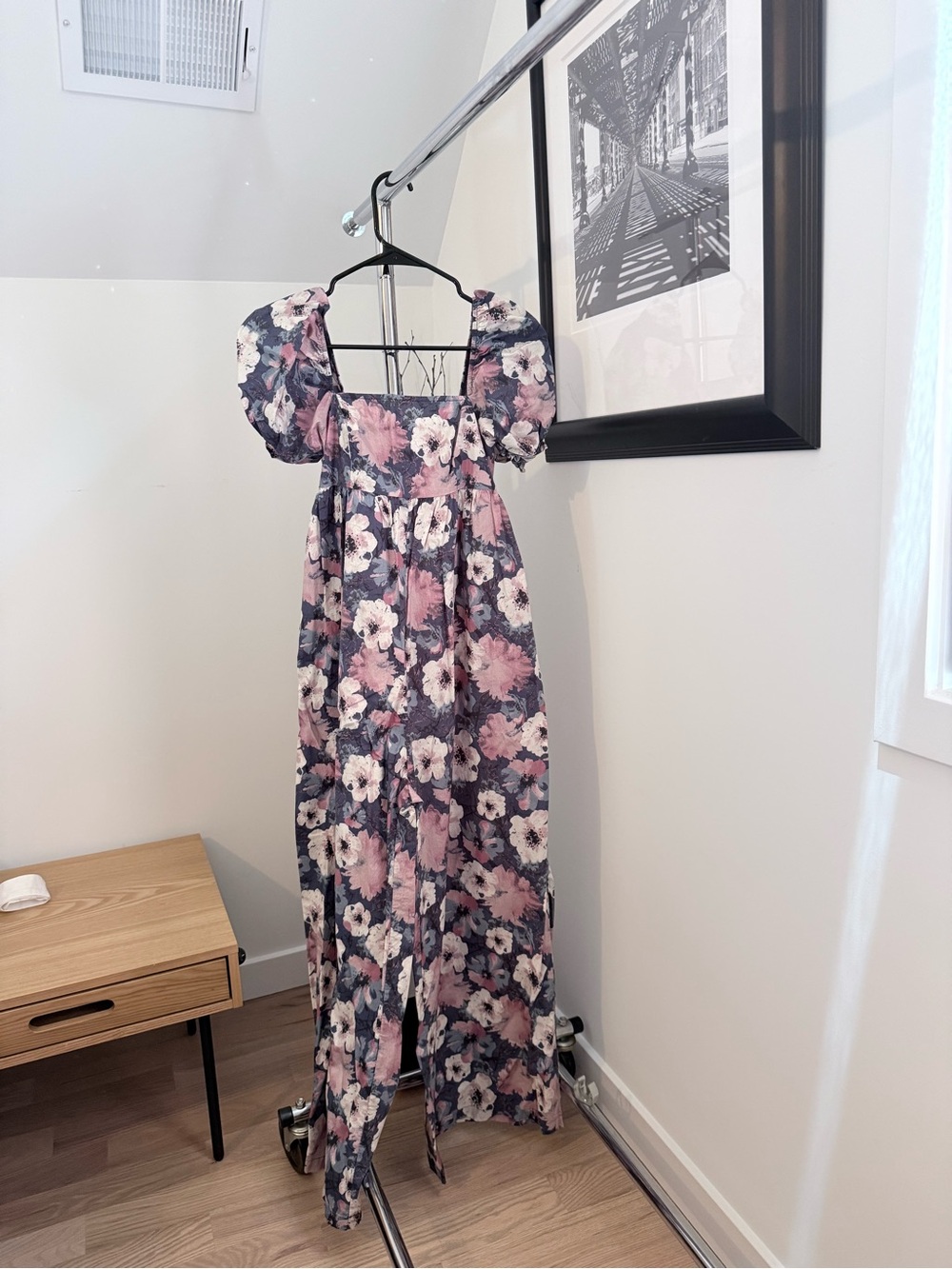 Storia Navy and Pink Floral Puff-Sleeve Maxi Wideleg Jumpsuit w pockets